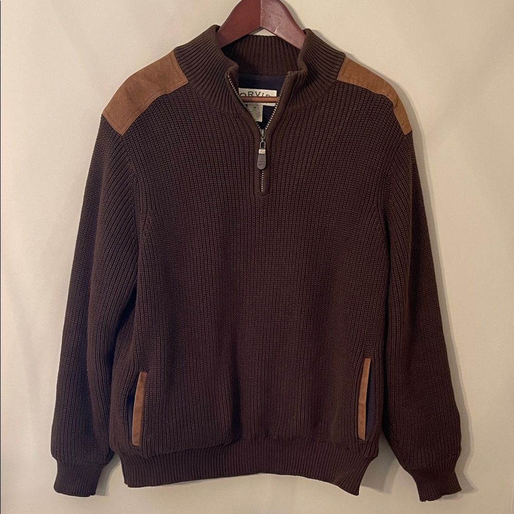 Orvis Men's Dark Brown Zip-Up Sweater with Tan Accents Size Medium